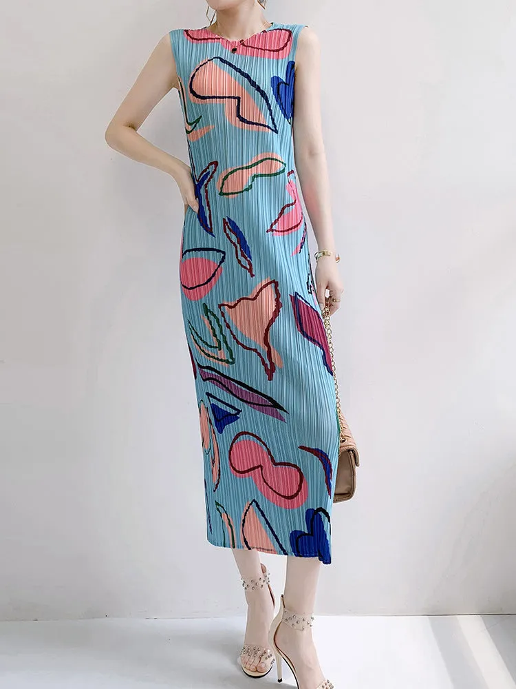 Loose Round Neck Sleeveless Printed Pleated Dress