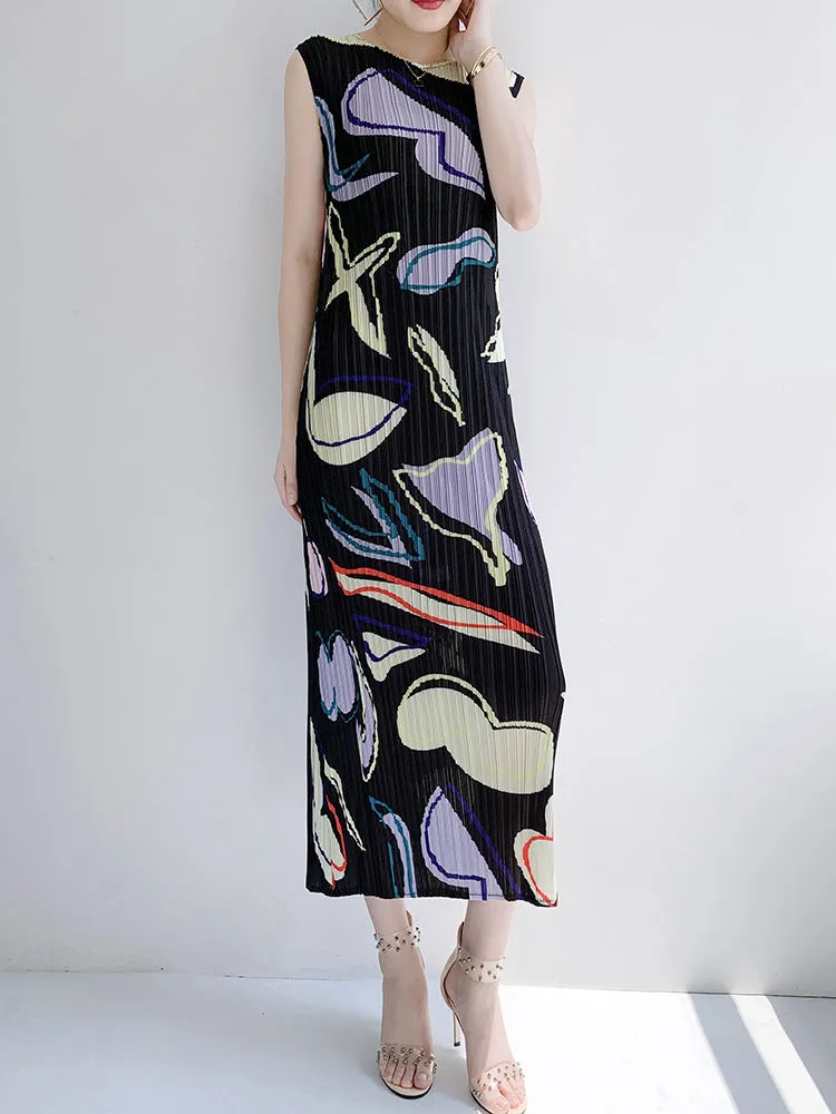 Loose Round Neck Sleeveless Printed Pleated Dress