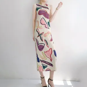 Loose Round Neck Sleeveless Printed Pleated Dress