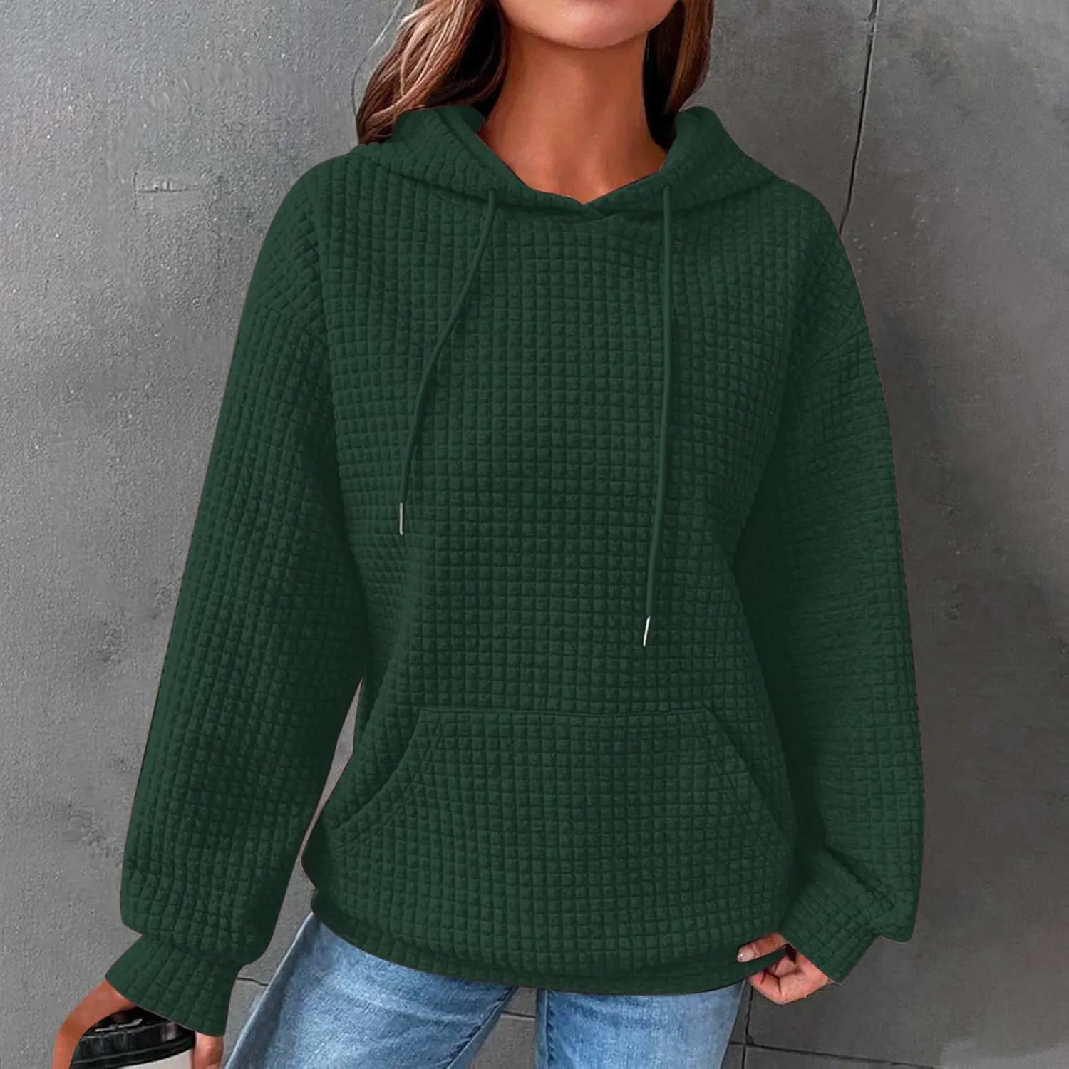 LRMQS Hoodies for Women Trendy Fall Fashion 2024 Waffle Knit Drawstring Pullover Sweatshirts Loose Fit Casual Cute Clothes