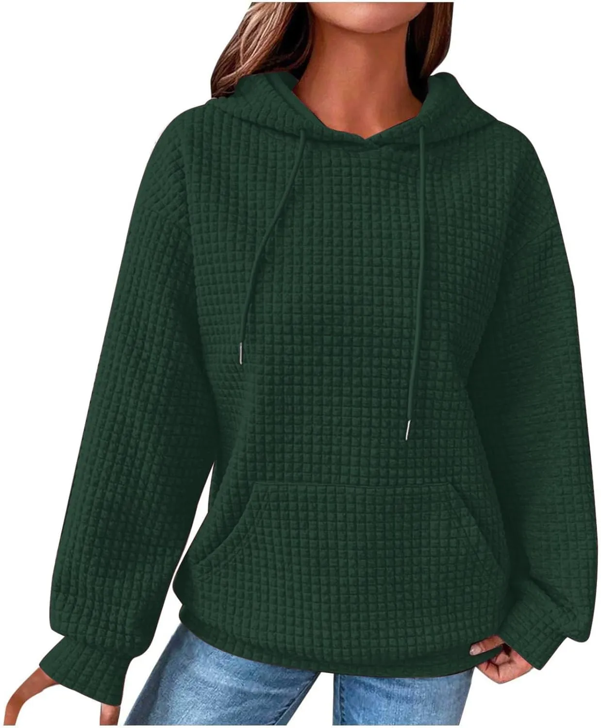 LRMQS Hoodies for Women Trendy Fall Fashion 2024 Waffle Knit Drawstring Pullover Sweatshirts Loose Fit Casual Cute Clothes