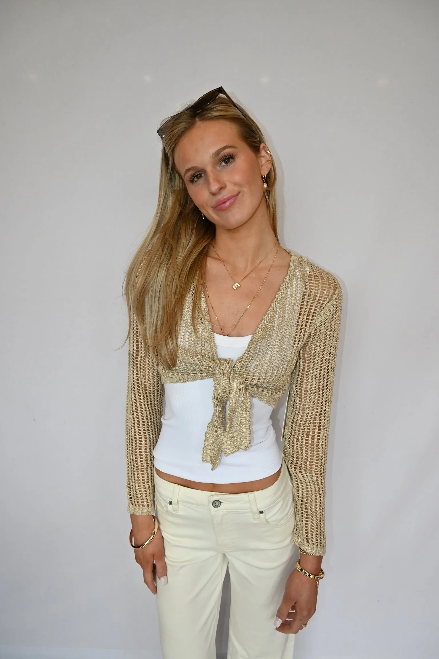 Lurex & Crochet Tie Front Top