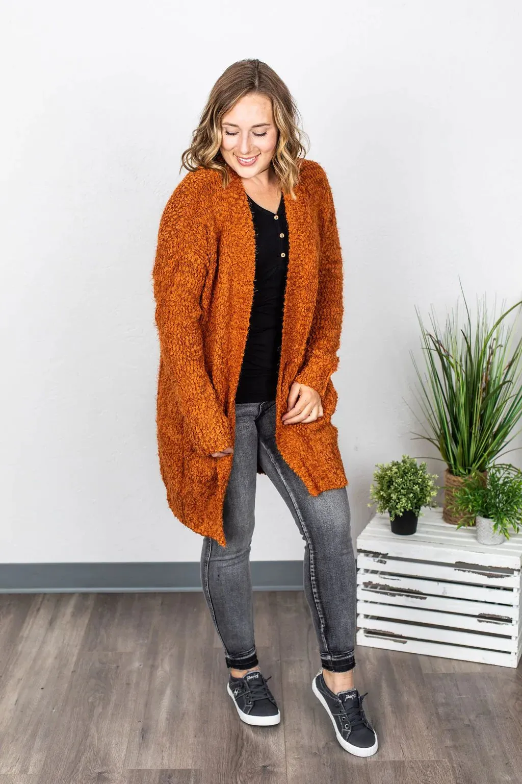 LUXE Fuzzy Cardigan from Michelle Mae in Rust