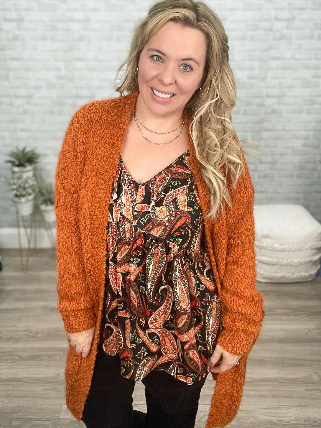 LUXE Fuzzy Cardigan from Michelle Mae in Rust