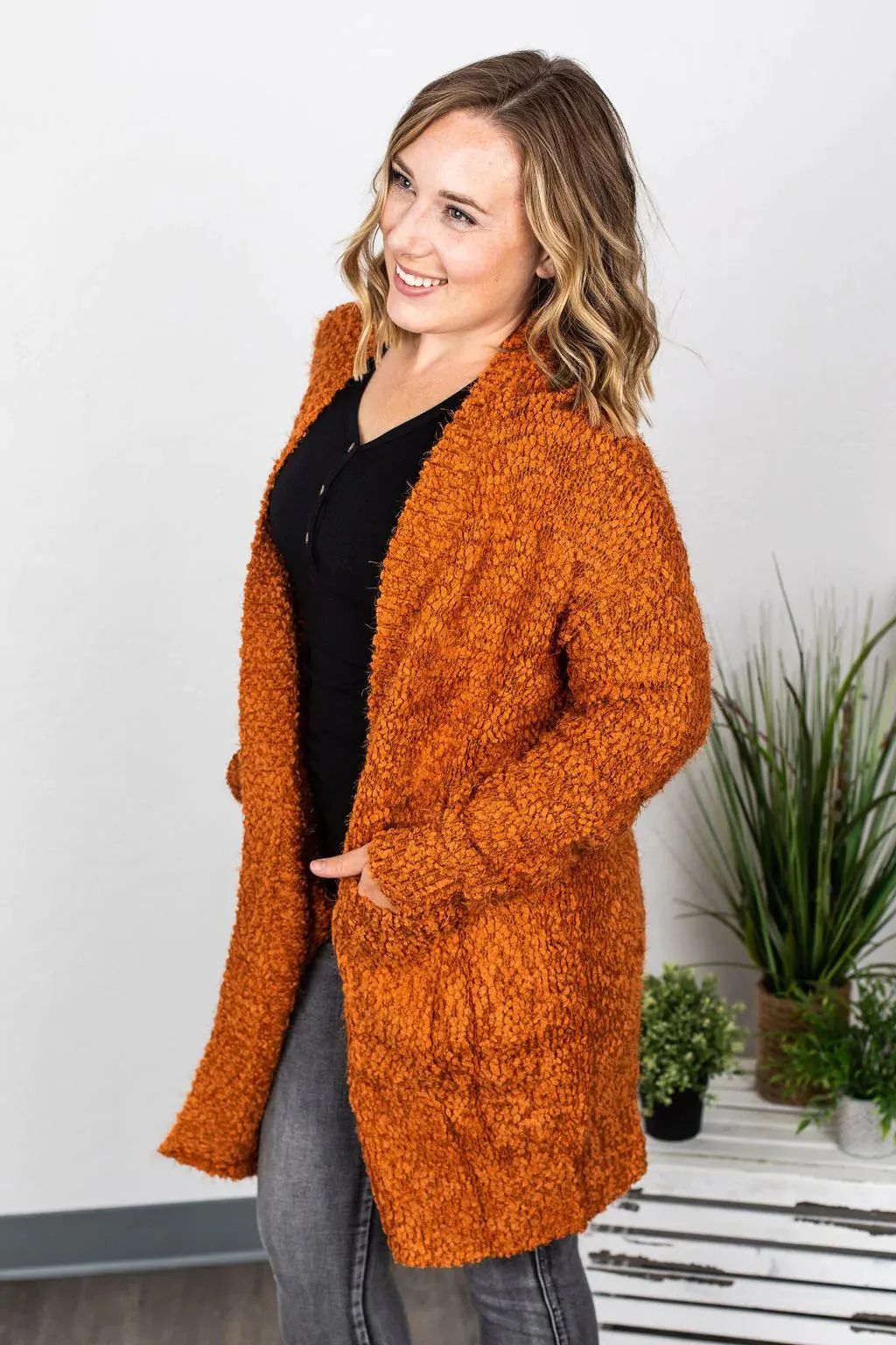LUXE Fuzzy Cardigan from Michelle Mae in Rust