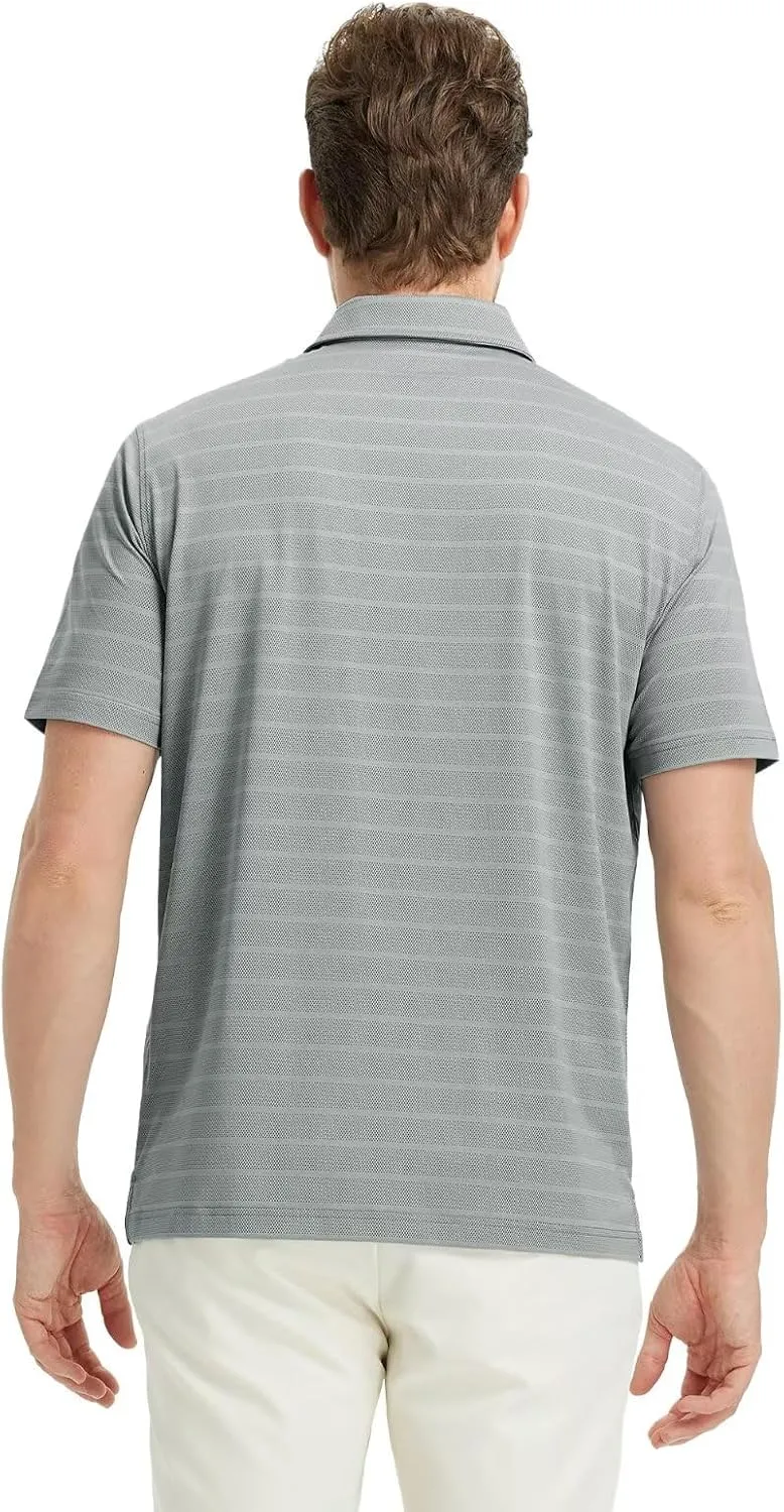 M MAELREG Men's Golf Shirts Moisture Wicking Dry Fit Lightweight Performance Short Sleeve Jacquard Striped Polo Shirts