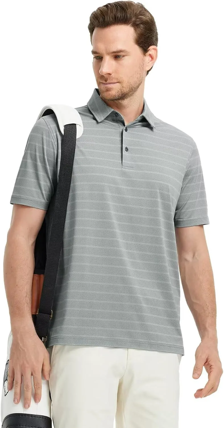 M MAELREG Men's Golf Shirts Moisture Wicking Dry Fit Lightweight Performance Short Sleeve Jacquard Striped Polo Shirts