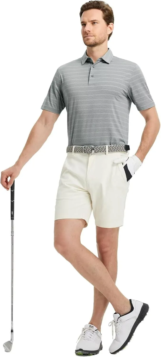 M MAELREG Men's Golf Shirts Moisture Wicking Dry Fit Lightweight Performance Short Sleeve Jacquard Striped Polo Shirts