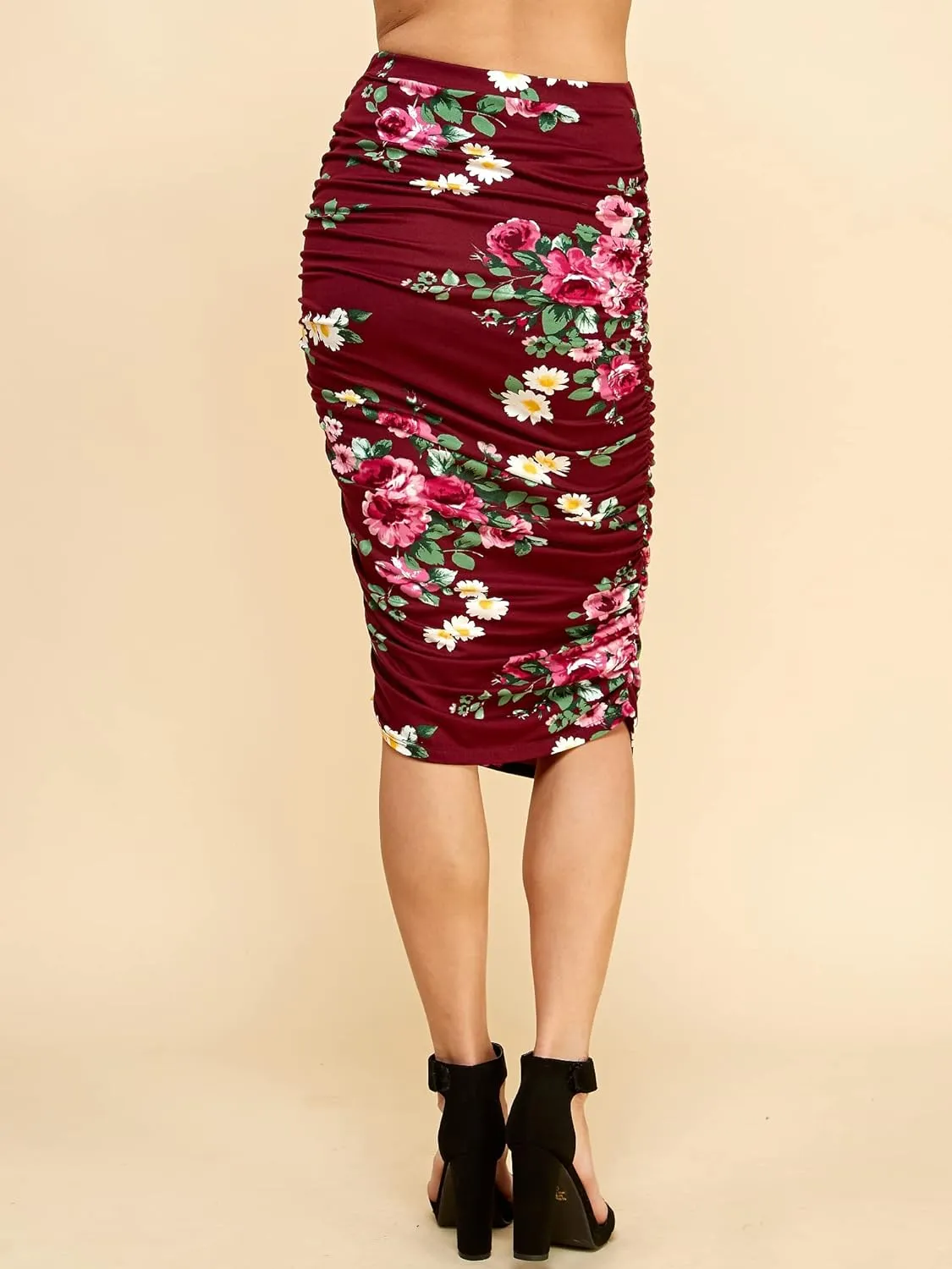 Made By Johnny Women's Slim fit Bodycon Party Club Night Out Elegant Ruched High Waist Long Pencil Skirt with Side Shirring