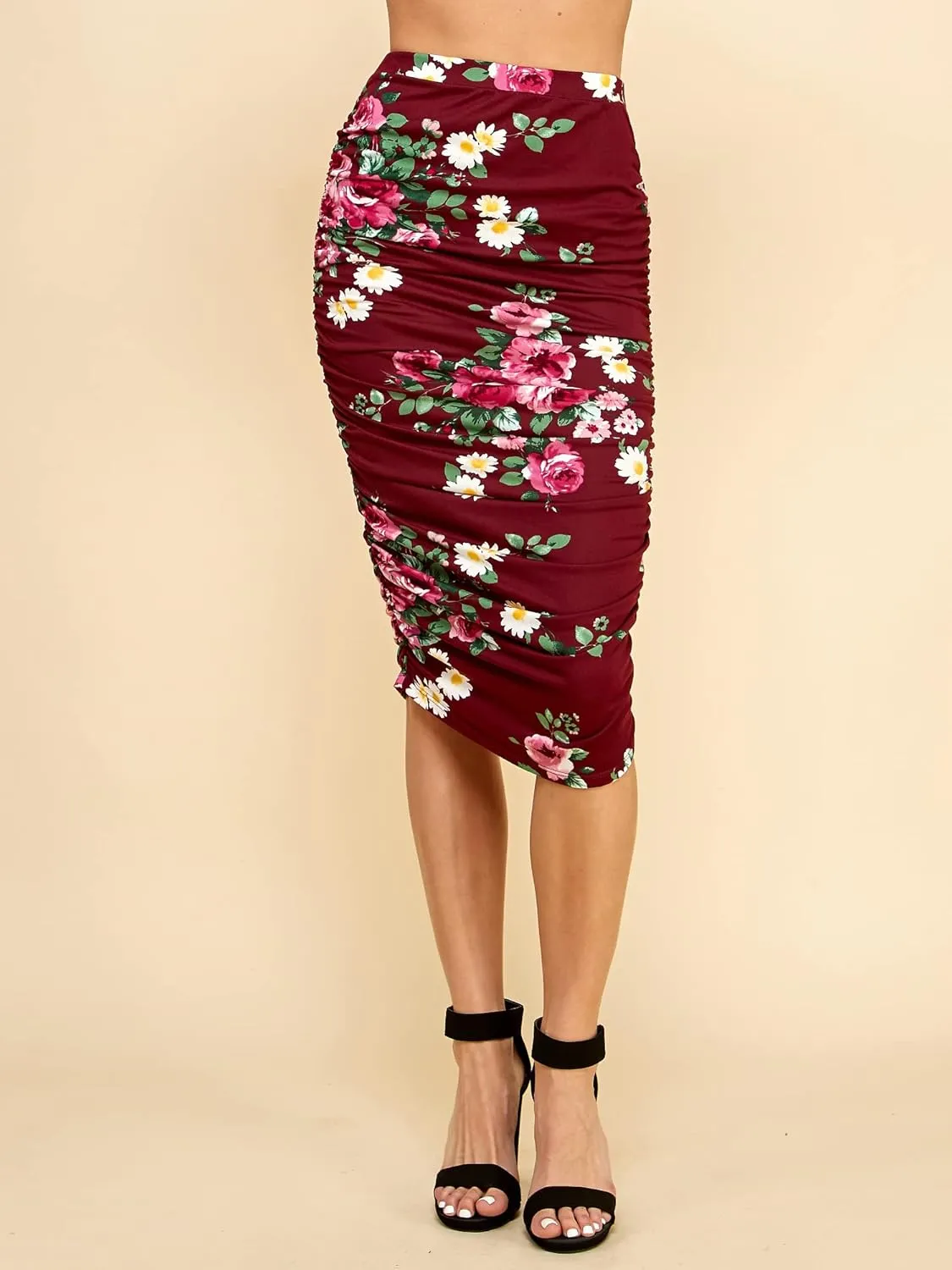 Made By Johnny Women's Slim fit Bodycon Party Club Night Out Elegant Ruched High Waist Long Pencil Skirt with Side Shirring