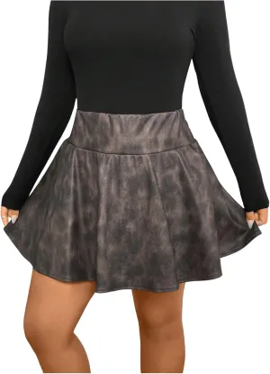 MakeMeChic Women's Plus Size PU Faux Leather Skirt A Line Flared Mini Skater Skirts Skorts