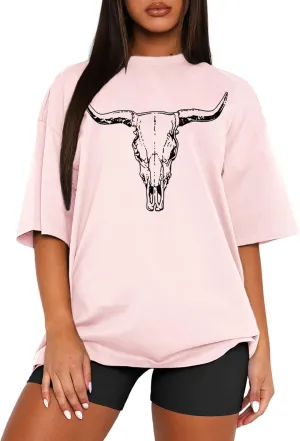 MAPICK Women Boho Cow Skull T-Shirts Western Cowgirls Graphic Crewneck Shirts Country Concert Short Sleeve Outfits