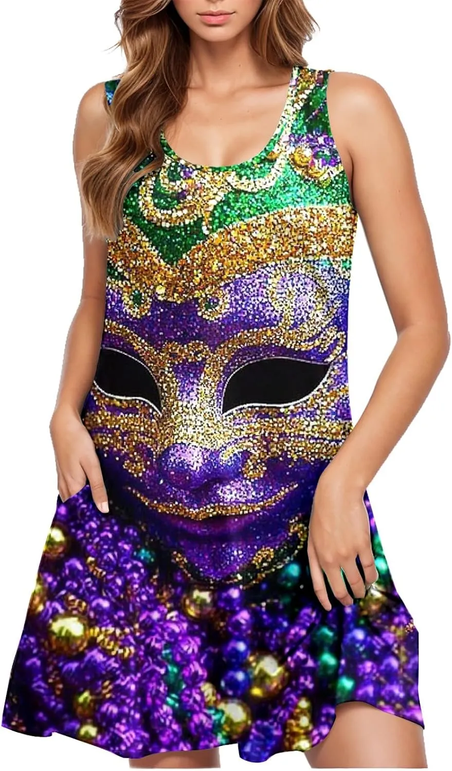 Mardi Gras Tank Dress for Women 2025 Casual Scoop Neck Sleeveless Mini Dress Loose Flowy A-Line Flare Sun Dresses