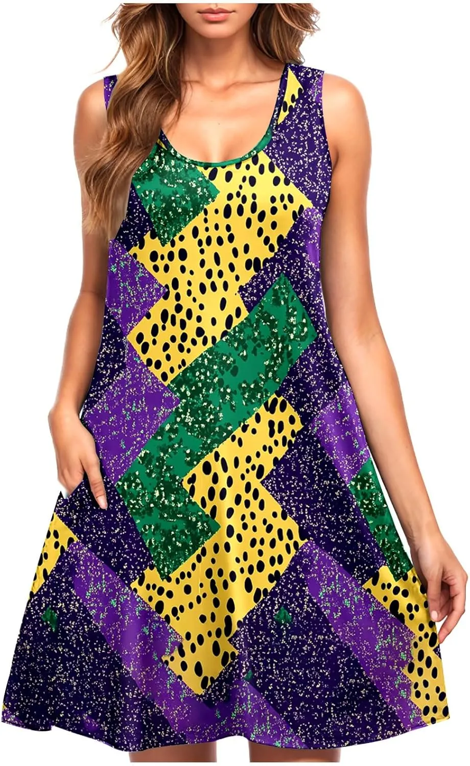 Mardi Gras Tank Dress for Women 2025 Casual Scoop Neck Sleeveless Mini Dress Loose Flowy A-Line Flare Sun Dresses