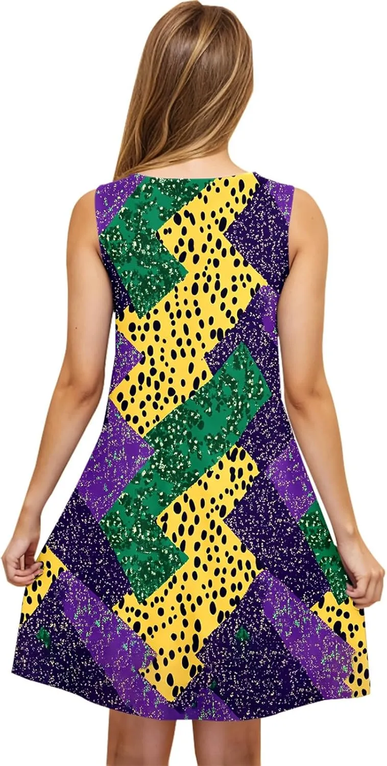 Mardi Gras Tank Dress for Women 2025 Casual Scoop Neck Sleeveless Mini Dress Loose Flowy A-Line Flare Sun Dresses