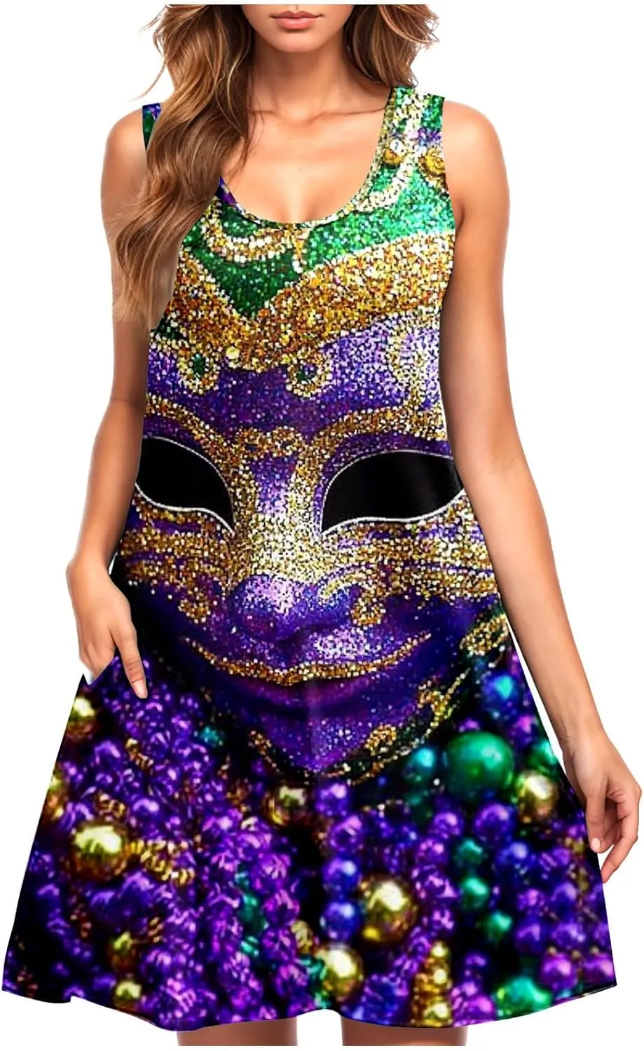 Mardi Gras Tank Dress for Women 2025 Casual Scoop Neck Sleeveless Mini Dress Loose Flowy A-Line Flare Sun Dresses