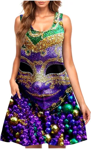 Mardi Gras Tank Dress for Women 2025 Casual Scoop Neck Sleeveless Mini Dress Loose Flowy A-Line Flare Sun Dresses