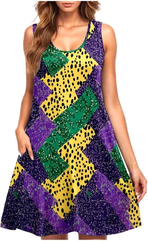 Mardi Gras Tank Dress for Women 2025 Casual Scoop Neck Sleeveless Mini Dress Loose Flowy A-Line Flare Sun Dresses