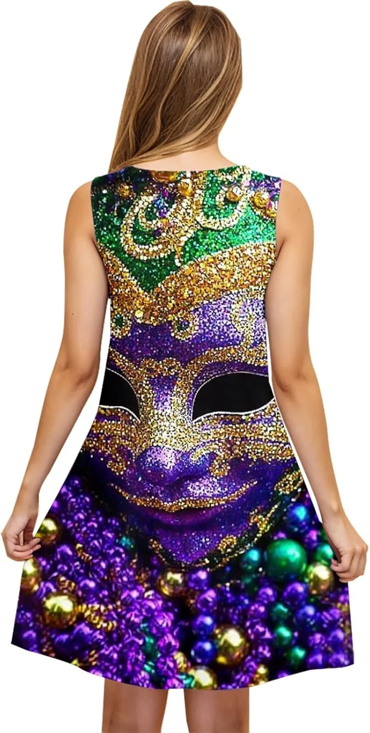 Mardi Gras Tank Dress for Women 2025 Casual Scoop Neck Sleeveless Mini Dress Loose Flowy A-Line Flare Sun Dresses