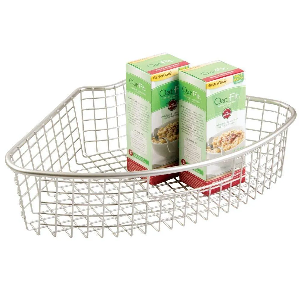 mDesign Farmhouse Metal Kitchen Cabinet Lazy Susan Storage Organizer Basket with Front Handle - Large Pie-Shaped 1/4 Wedge, 4.4" Deep Container - 2 Pack - Satin