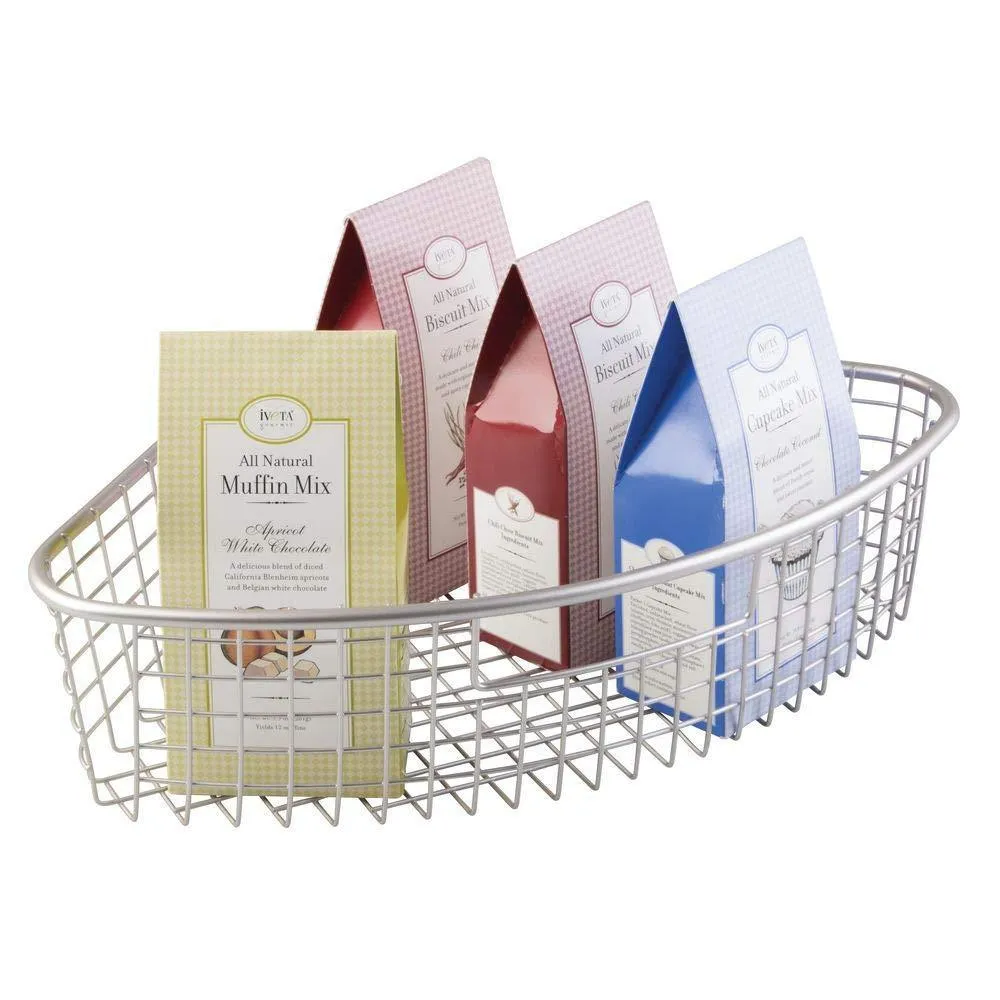 mDesign Farmhouse Metal Kitchen Cabinet Lazy Susan Storage Organizer Basket with Front Handle - Large Pie-Shaped 1/4 Wedge, 4.4" Deep Container - 2 Pack - Satin