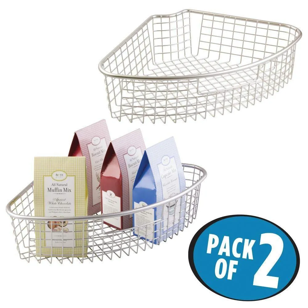 mDesign Farmhouse Metal Kitchen Cabinet Lazy Susan Storage Organizer Basket with Front Handle - Large Pie-Shaped 1/4 Wedge, 4.4" Deep Container - 2 Pack - Satin