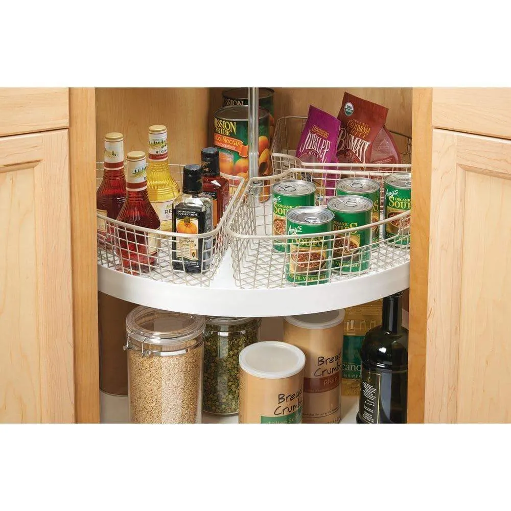 mDesign Farmhouse Metal Kitchen Cabinet Lazy Susan Storage Organizer Basket with Front Handle - Large Pie-Shaped 1/4 Wedge, 4.4" Deep Container - 2 Pack - Satin
