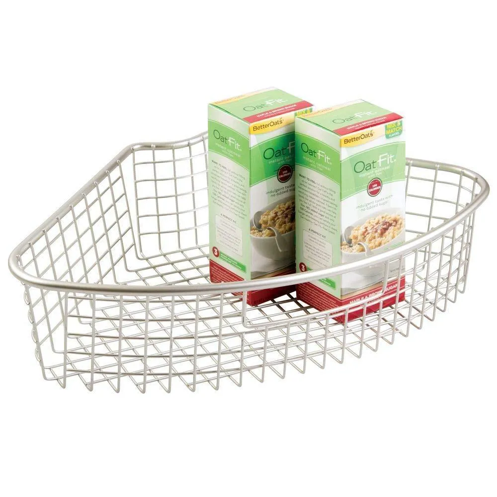mDesign Farmhouse Metal Kitchen Cabinet Lazy Susan Storage Organizer Basket with Front Handle - Large Pie-Shaped 1/4 Wedge, 4.4" Deep Container - 2 Pack - Satin