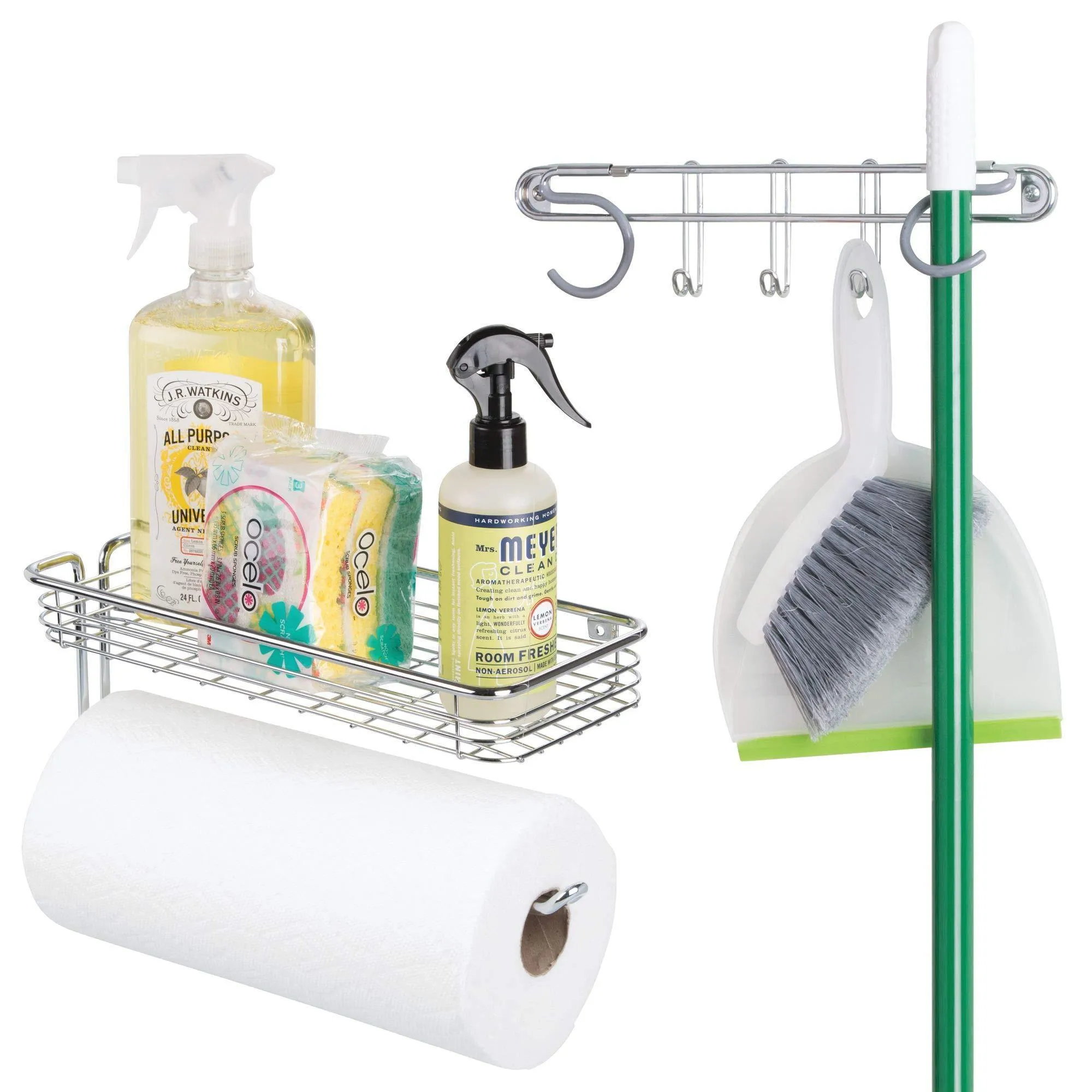 mDesign Wall Mount Metal Storage Organizers for Kitchen - Includes Paper Towel Holder with Multi-Purpose Shelf and Broom/Mop Holder with 3 Hooks - for Pantry, Laundry, Garage - 2 Piece Set - Chrome