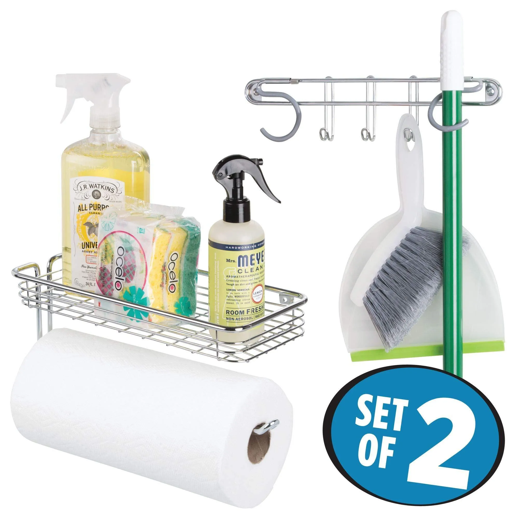 mDesign Wall Mount Metal Storage Organizers for Kitchen - Includes Paper Towel Holder with Multi-Purpose Shelf and Broom/Mop Holder with 3 Hooks - for Pantry, Laundry, Garage - 2 Piece Set - Chrome