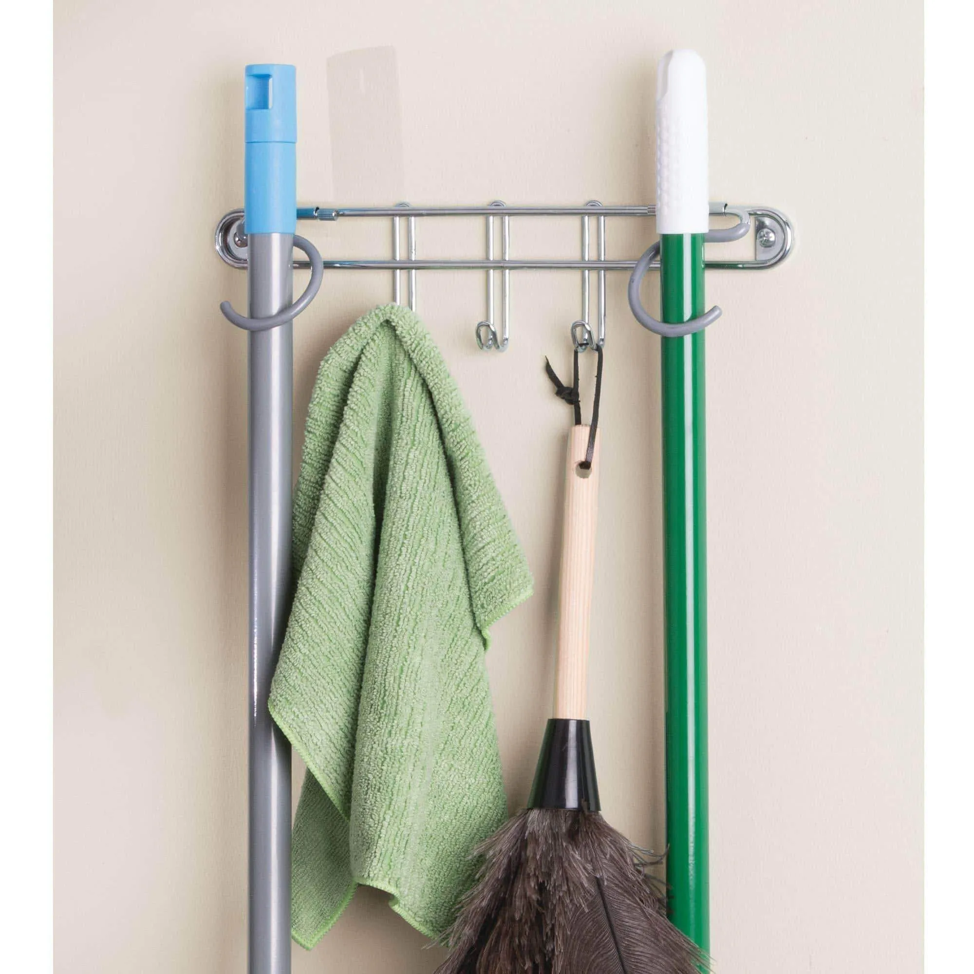 mDesign Wall Mount Metal Storage Organizers for Kitchen - Includes Paper Towel Holder with Multi-Purpose Shelf and Broom/Mop Holder with 3 Hooks - for Pantry, Laundry, Garage - 2 Piece Set - Chrome