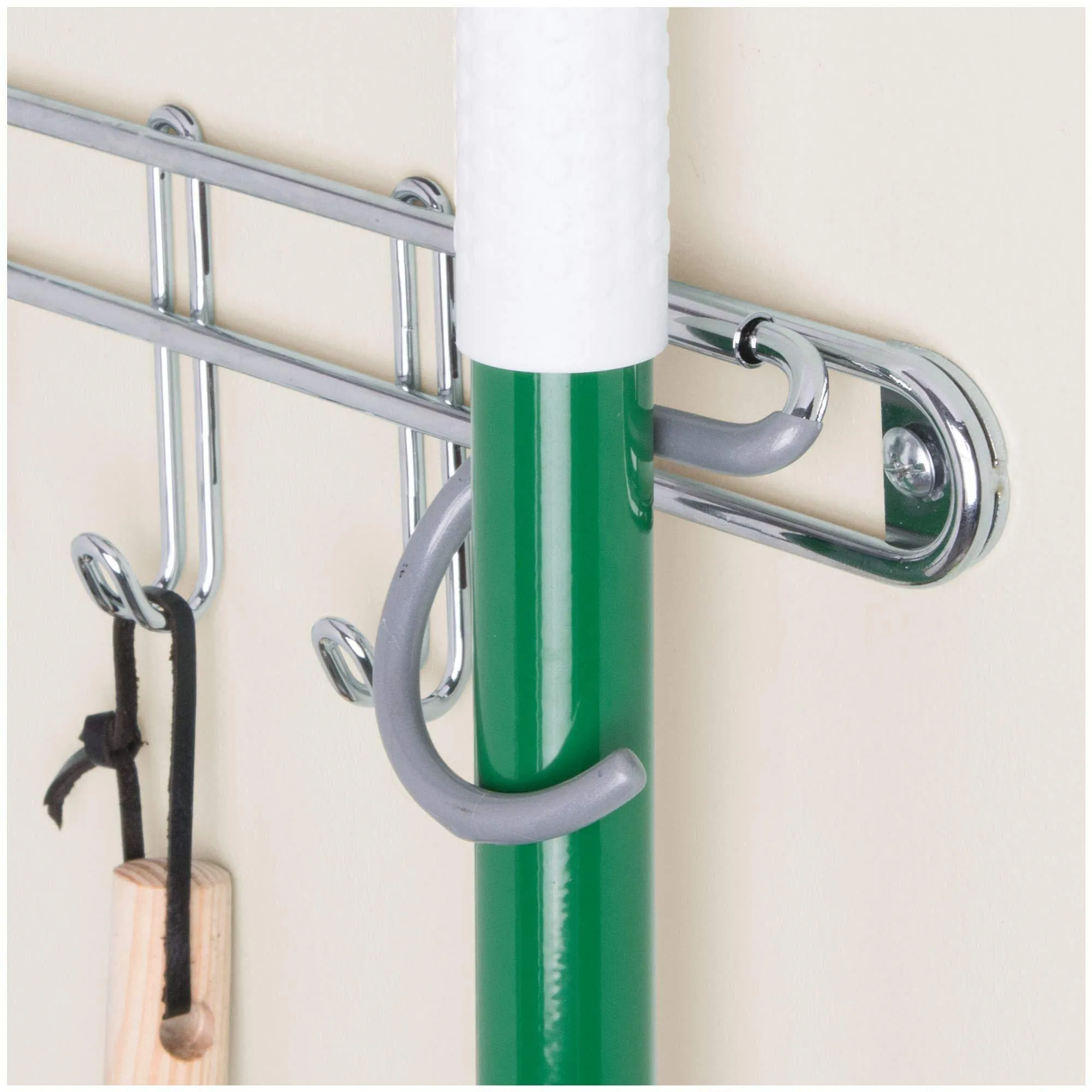 mDesign Wall Mount Metal Storage Organizers for Kitchen - Includes Paper Towel Holder with Multi-Purpose Shelf and Broom/Mop Holder with 3 Hooks - for Pantry, Laundry, Garage - 2 Piece Set - Chrome