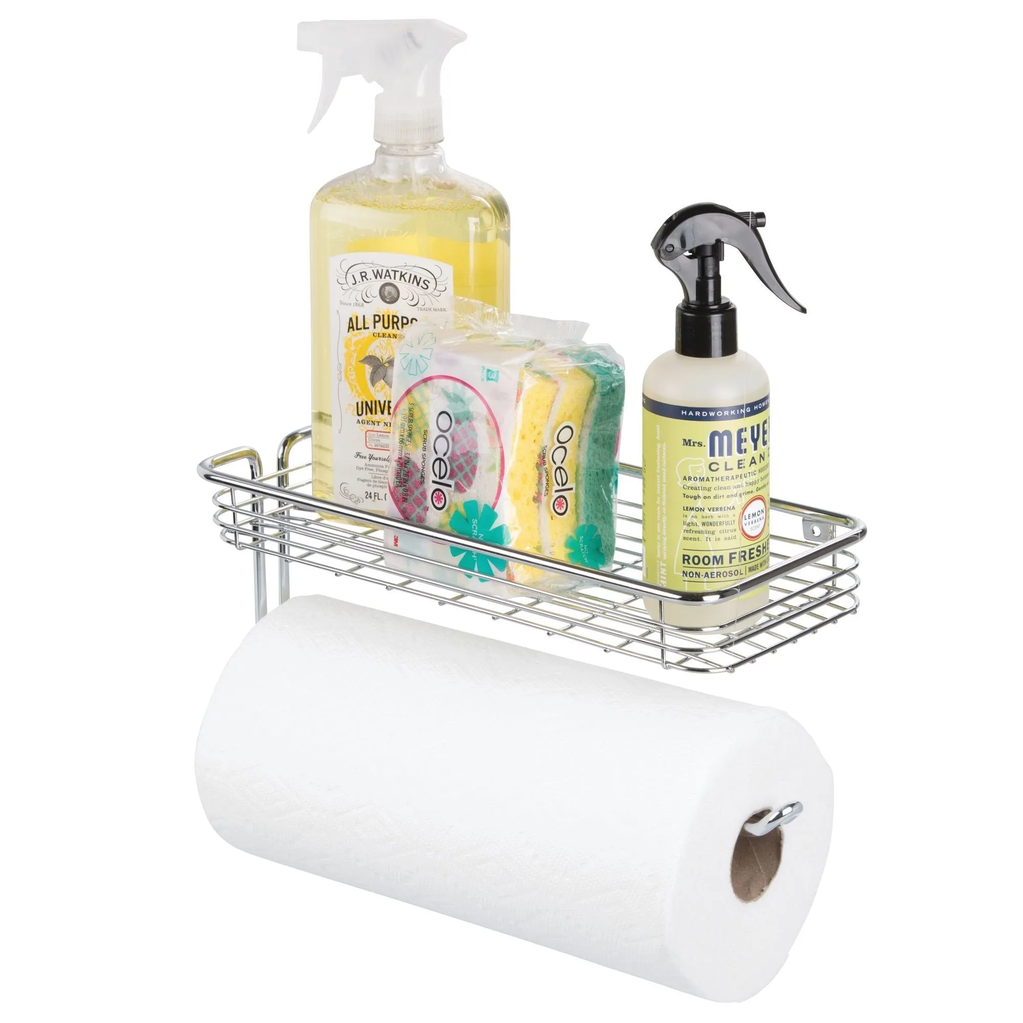 mDesign Wall Mount Metal Storage Organizers for Kitchen - Includes Paper Towel Holder with Multi-Purpose Shelf and Broom/Mop Holder with 3 Hooks - for Pantry, Laundry, Garage - 2 Piece Set - Chrome