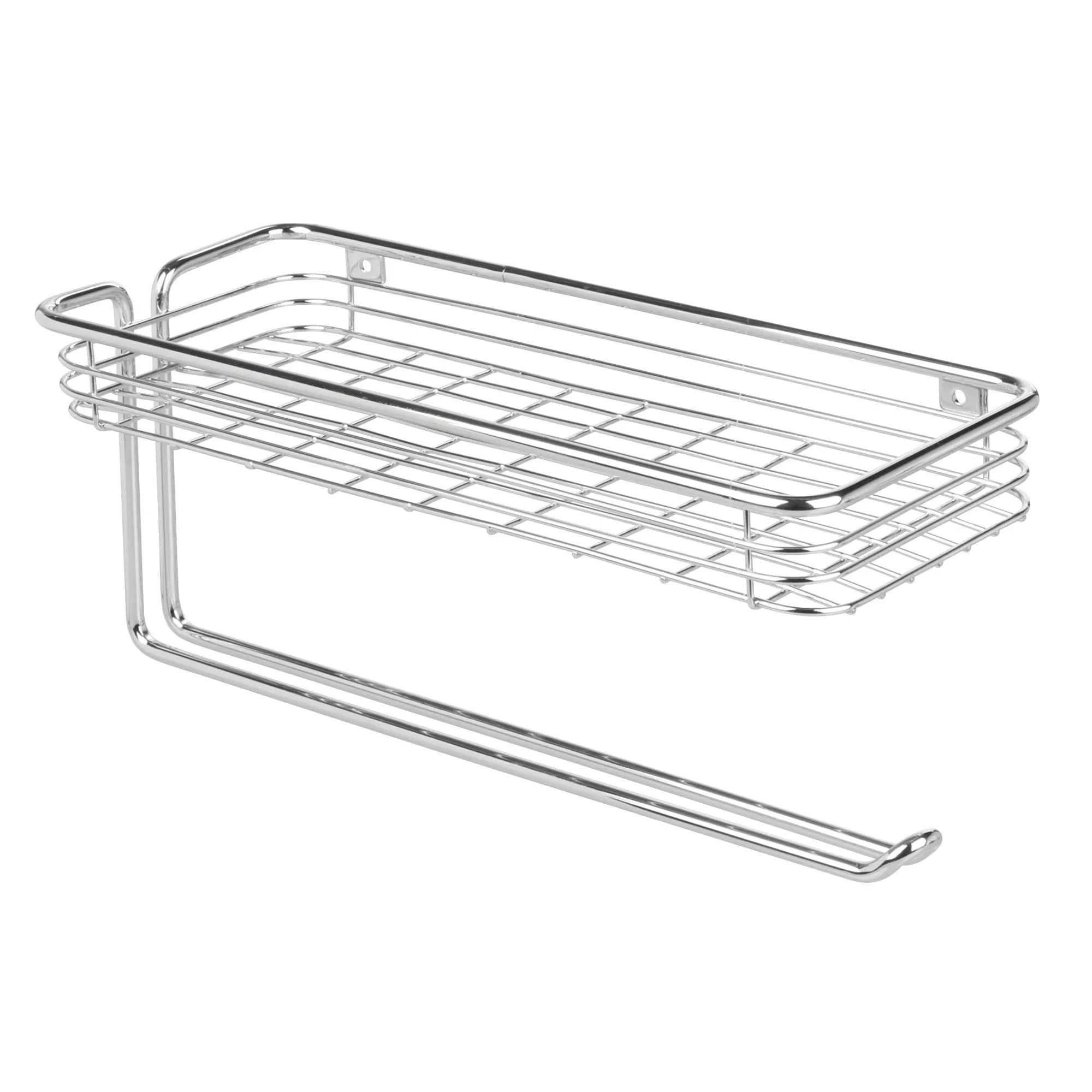 mDesign Wall Mount Metal Storage Organizers for Kitchen - Includes Paper Towel Holder with Multi-Purpose Shelf and Broom/Mop Holder with 3 Hooks - for Pantry, Laundry, Garage - 2 Piece Set - Chrome