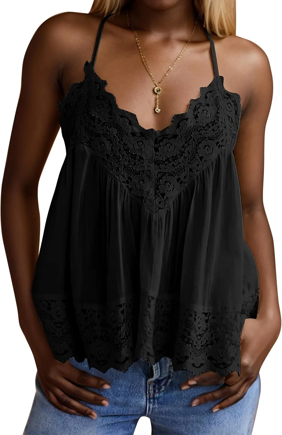 Meladyan Women's Lace Trim Camisole Top V Neck Spaghetti Strap Sleeveless Racerback Flowy Sheer Tank Tops