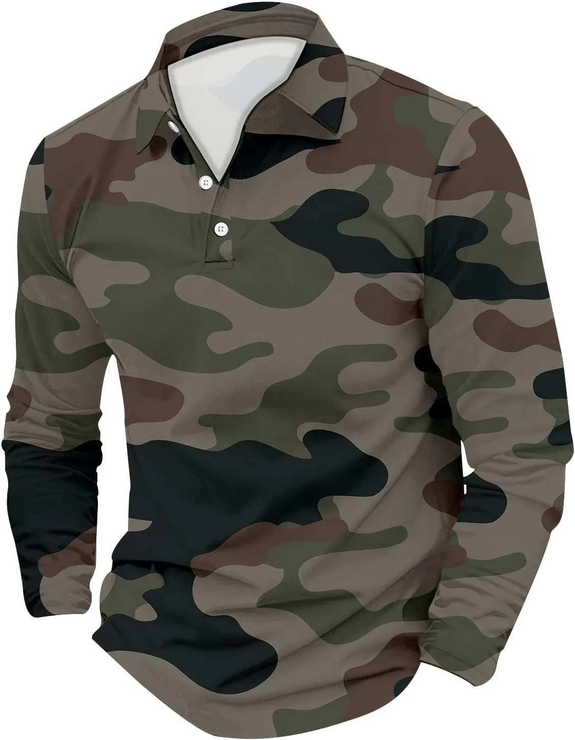 Mens Camo Long Sleeve Polo Shirts Button Up Collared Slim Fit Golf Tee Shirts Casual Fall Winter Big and Tall Tops
