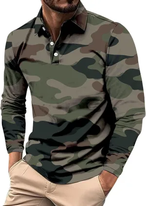 Mens Camo Long Sleeve Polo Shirts Button Up Collared Slim Fit Golf Tee Shirts Casual Fall Winter Big and Tall Tops