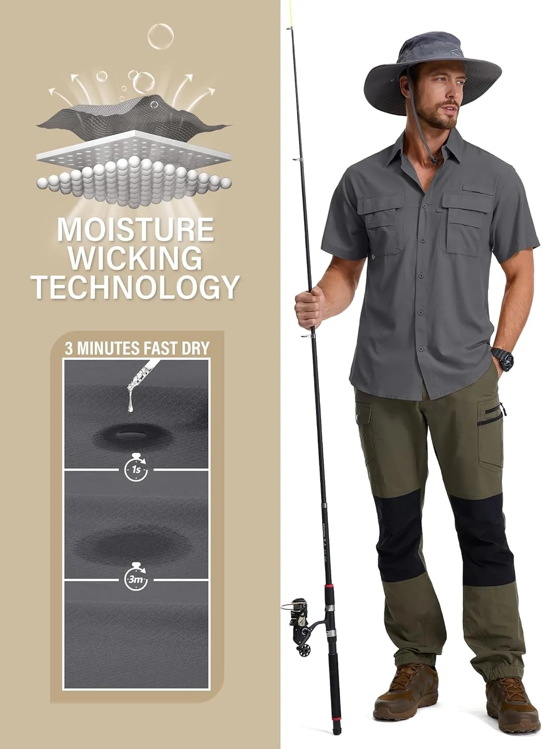 Men's Fishing Shirts Short Sleeve Safari Shirts Sun Protection Quick Dry Outdoor Hiking Travel Clothes