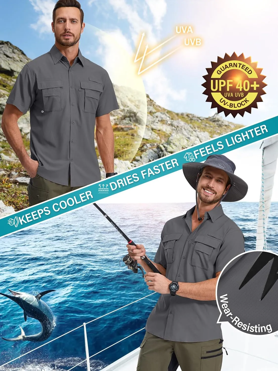 Men's Fishing Shirts Short Sleeve Safari Shirts Sun Protection Quick Dry Outdoor Hiking Travel Clothes