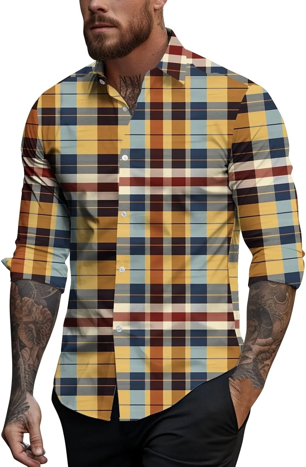 Mens Hawaiian Shirts Color Block Printed Casual Long Sleeve Button Down Turn Down Collar Slim Fit Beach Dress Shirts