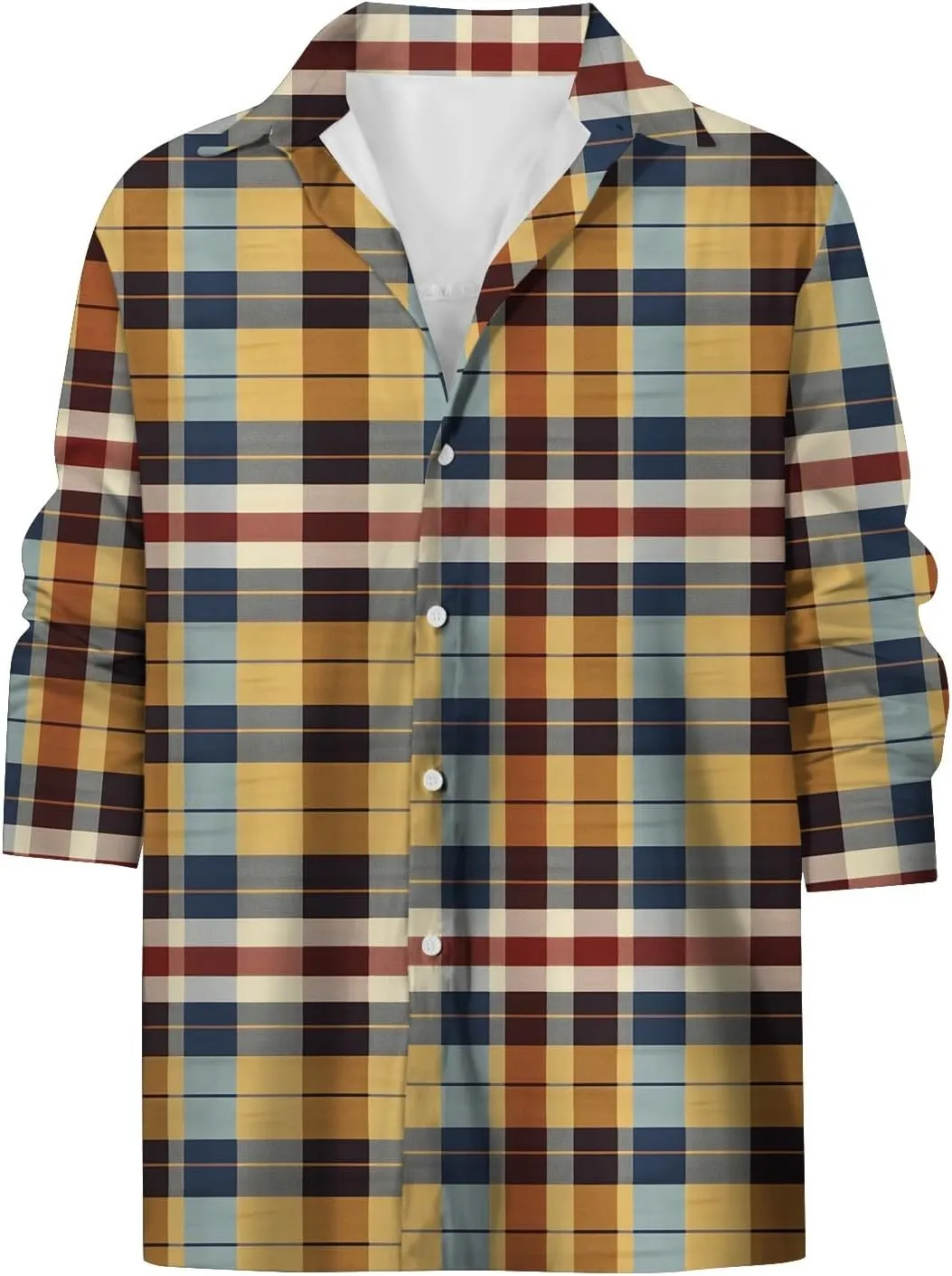 Mens Hawaiian Shirts Color Block Printed Casual Long Sleeve Button Down Turn Down Collar Slim Fit Beach Dress Shirts