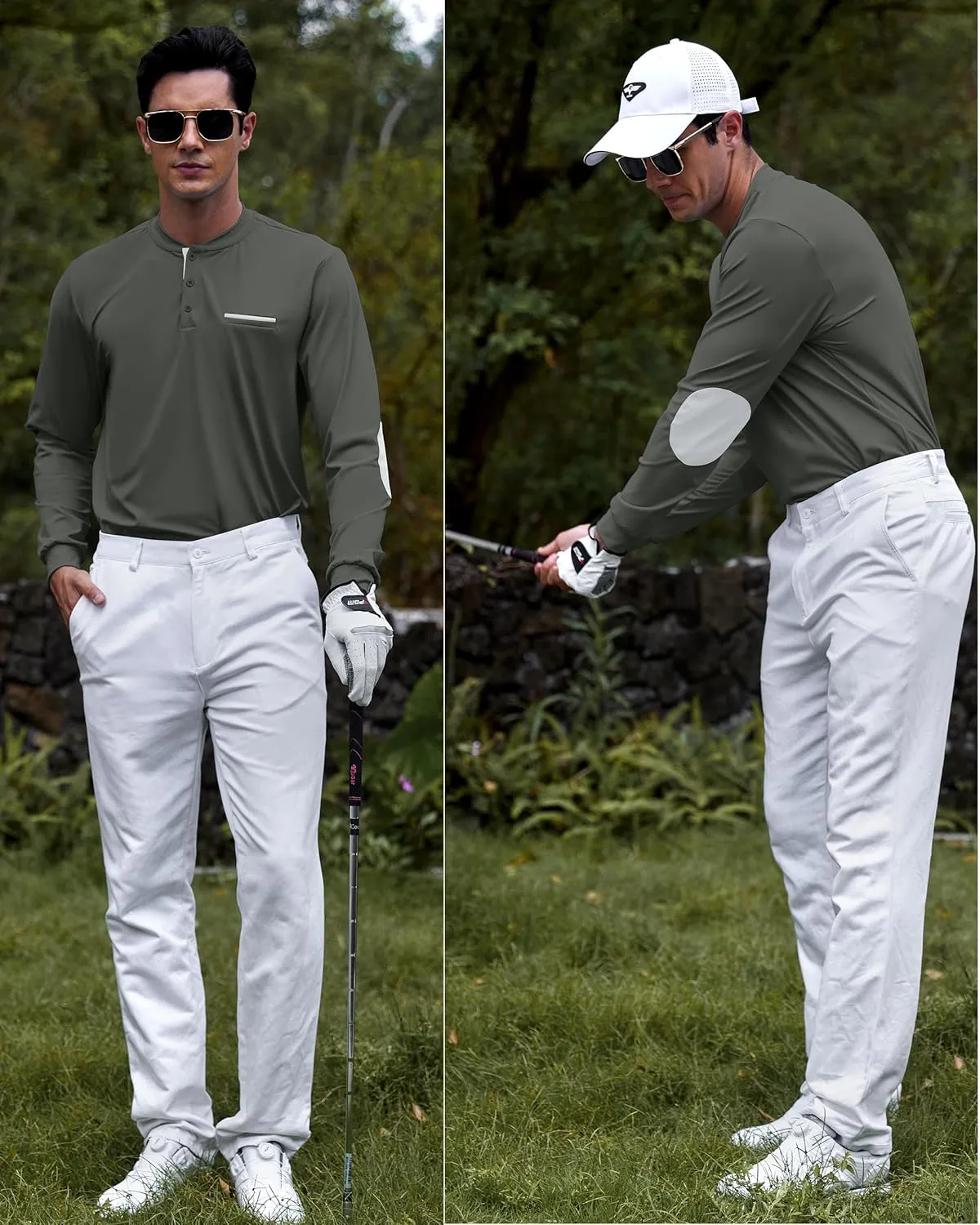 Men's Henley Golf Shirts Long Sleeve Collarless Golf Shirt Casual Moisture Wicking Quick Dry Shirts with Pocket