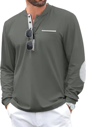 Men's Henley Golf Shirts Long Sleeve Collarless Golf Shirt Casual Moisture Wicking Quick Dry Shirts with Pocket