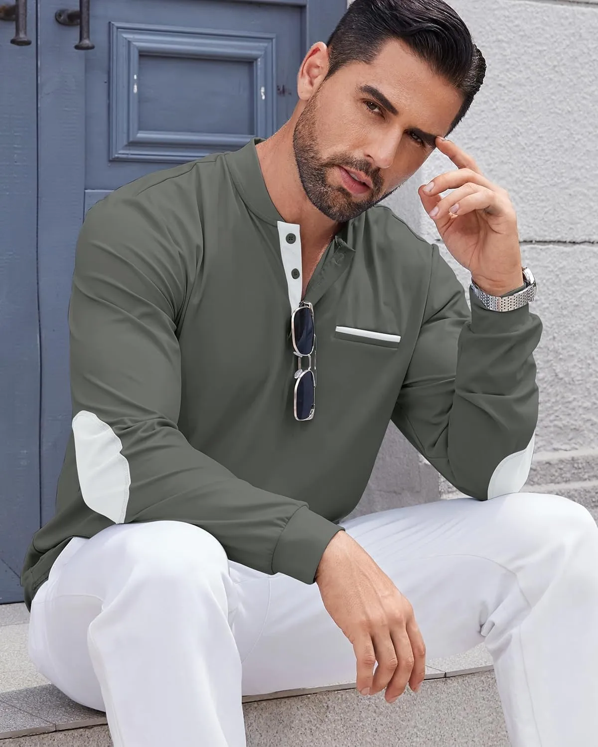 Men's Henley Golf Shirts Long Sleeve Collarless Golf Shirt Casual Moisture Wicking Quick Dry Shirts with Pocket