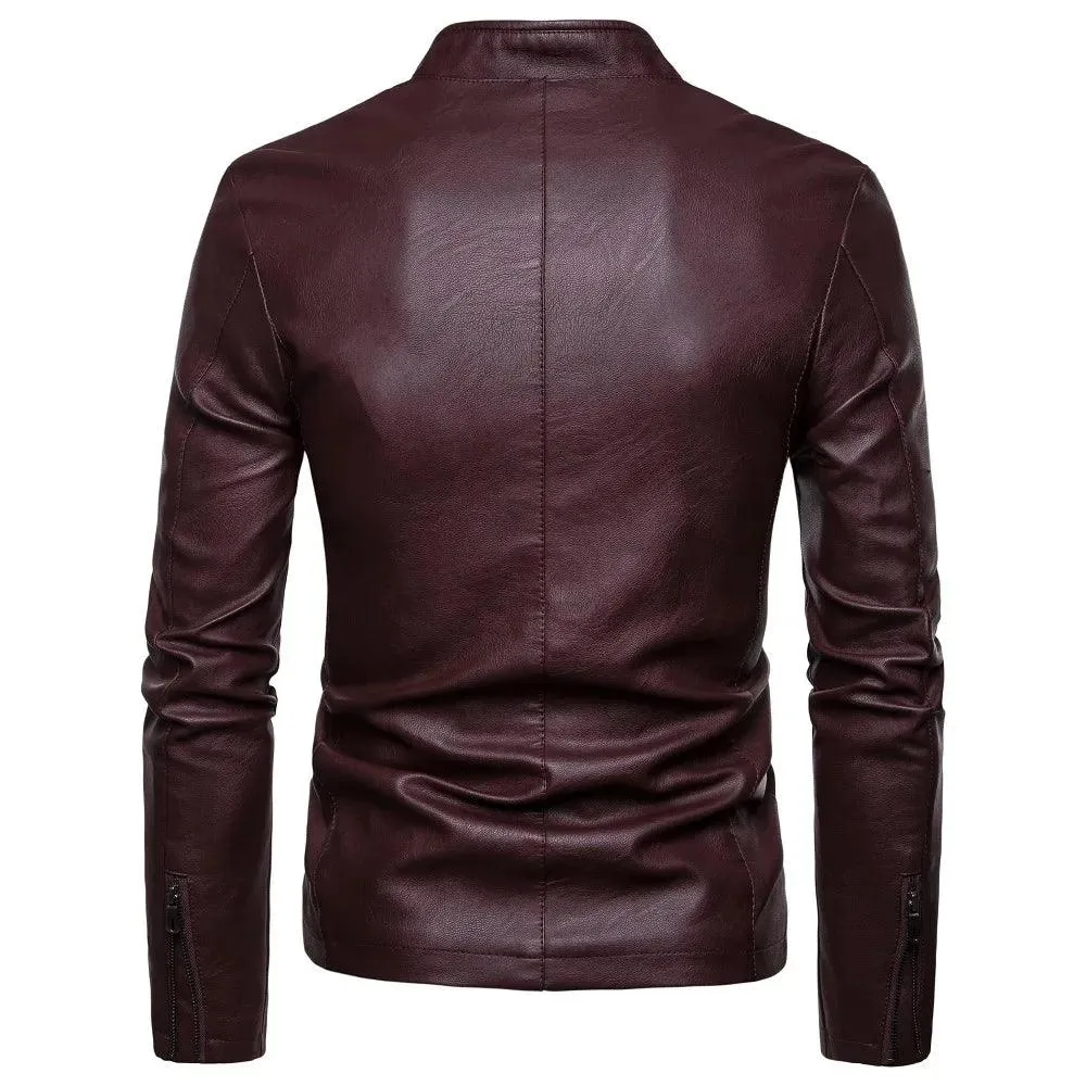 Men's Korean Design Slim Standing Collar PU Leather Jacket