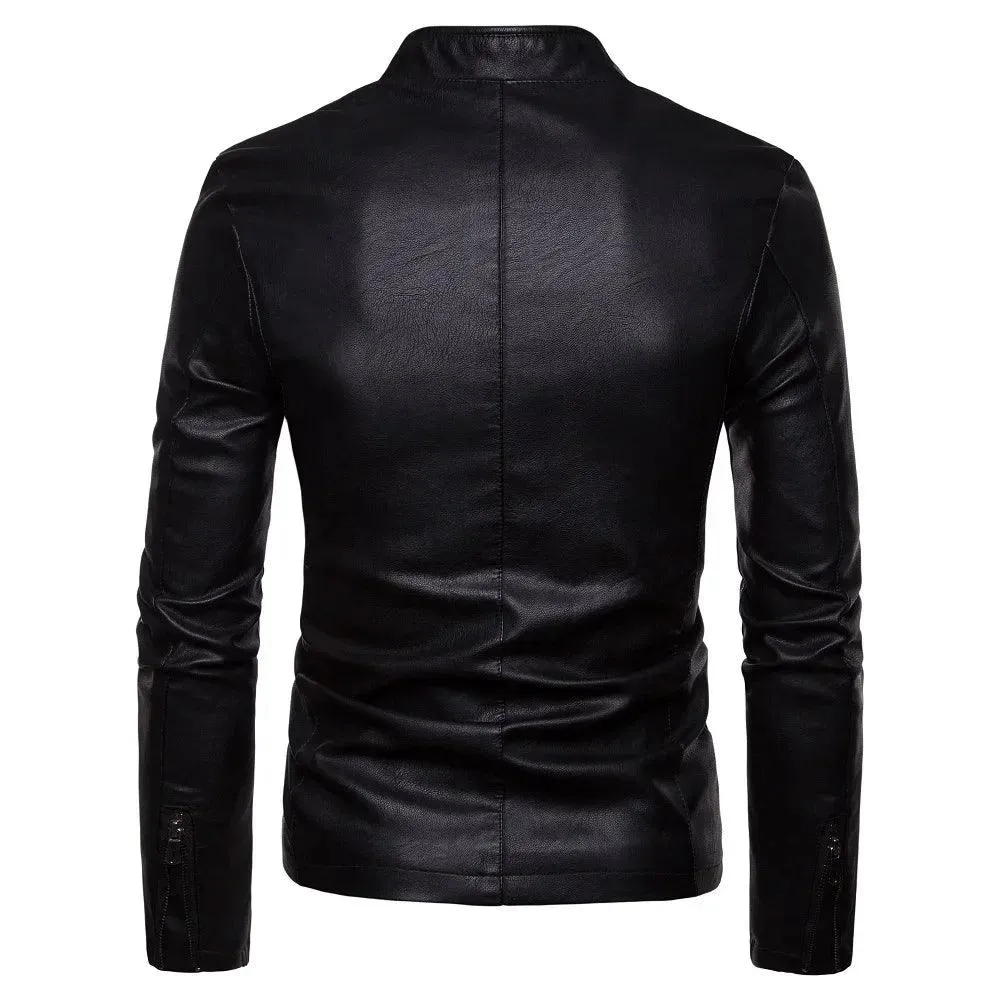 Men's Korean Design Slim Standing Collar PU Leather Jacket