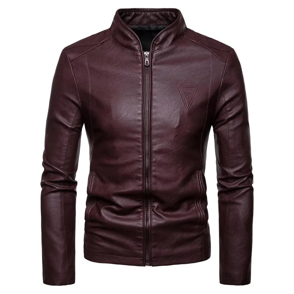 Men's Korean Design Slim Standing Collar PU Leather Jacket