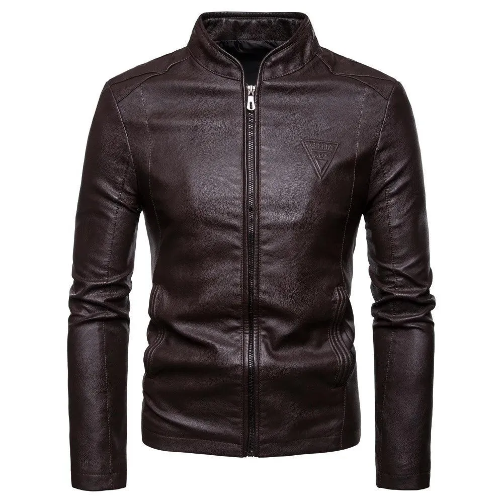 Men's Korean Design Slim Standing Collar PU Leather Jacket