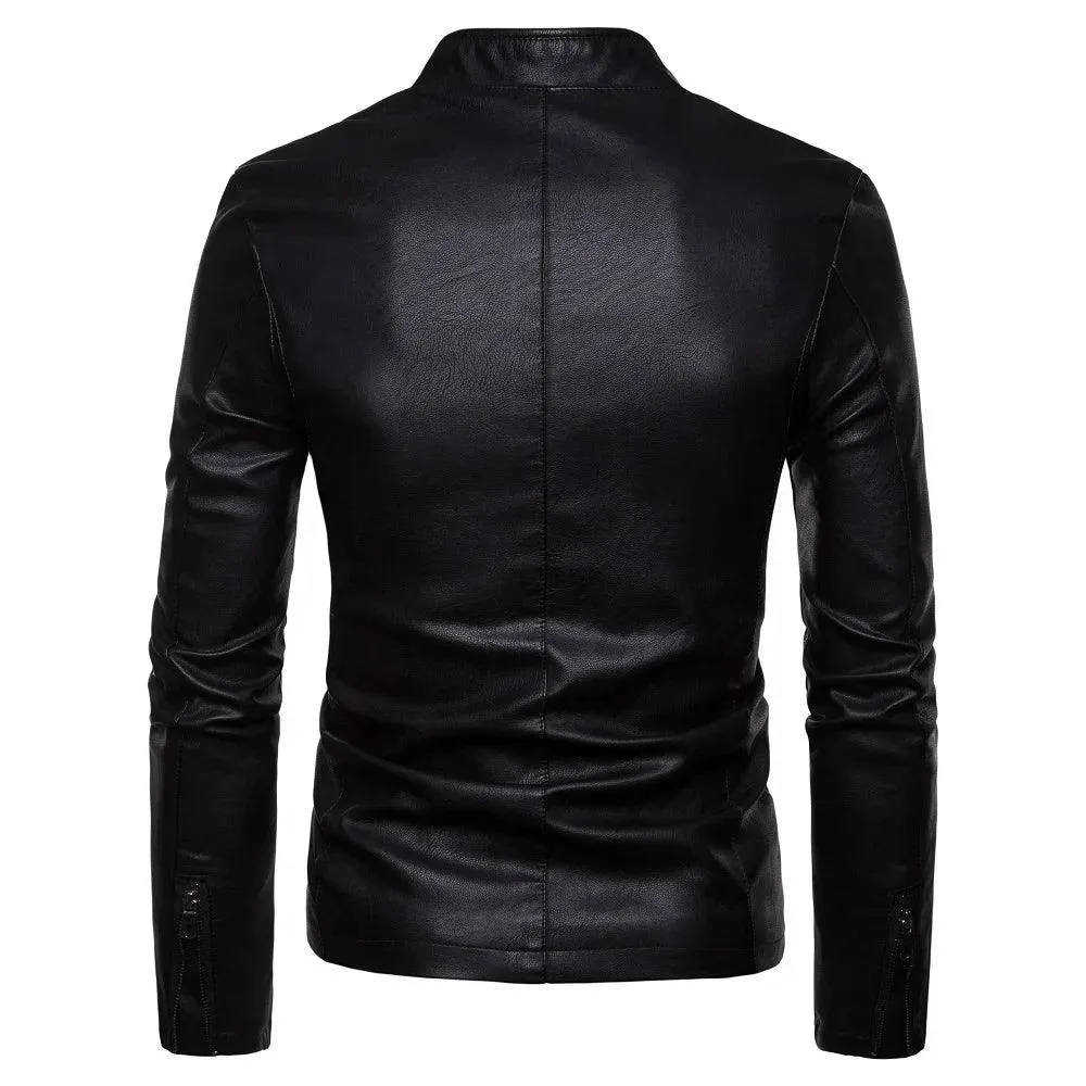 Men's Korean Design Slim Standing Collar PU Leather Jacket