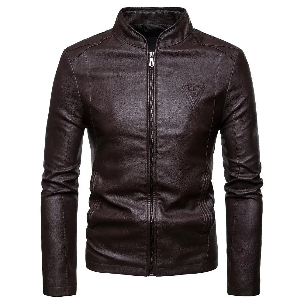 Men's Korean Design Slim Standing Collar PU Leather Jacket